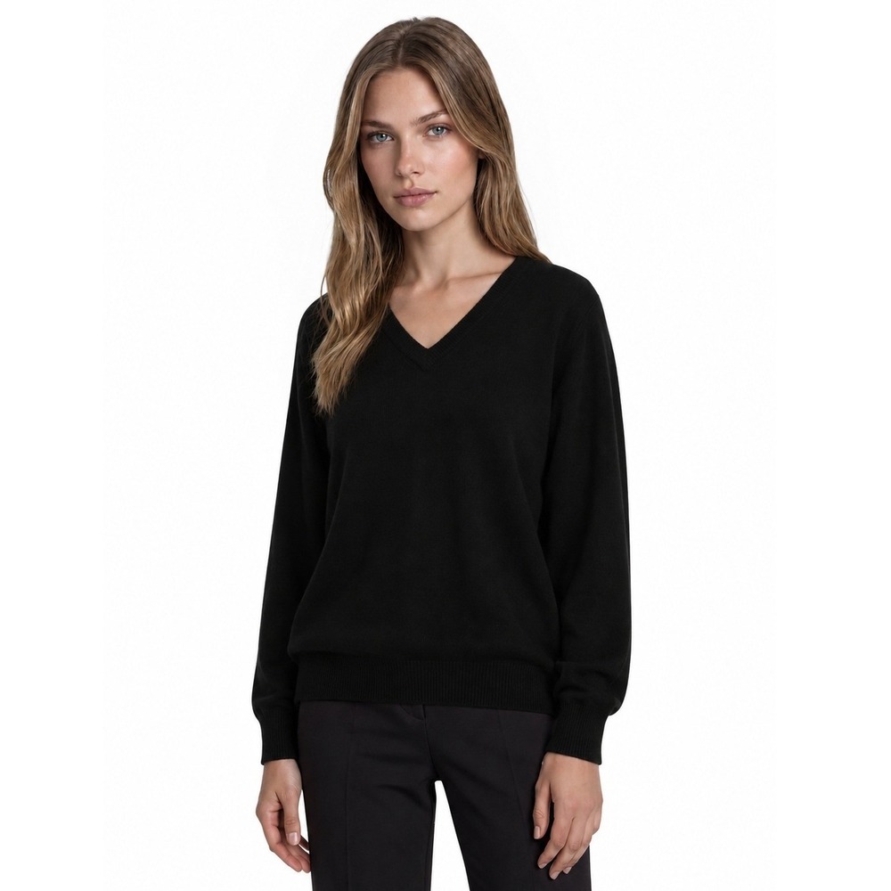 Goldspun 100% Cashmere V Neck Sweater Women's Size XL Black Ribbed Knit Vintage